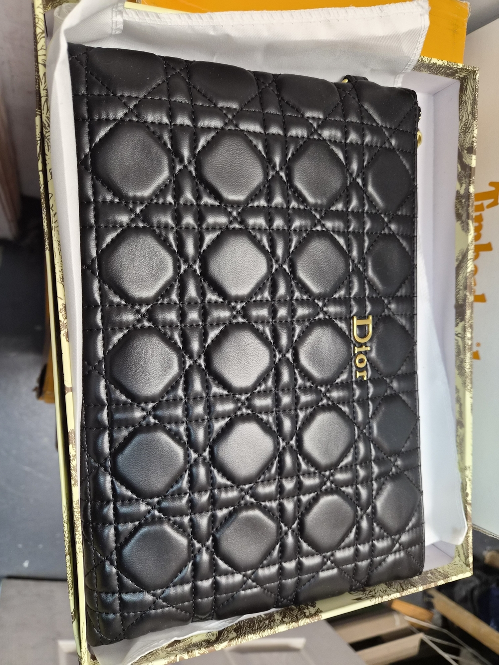Dior Black Quilted Lambskin Clutch Or Tablet Case with Gold Logo